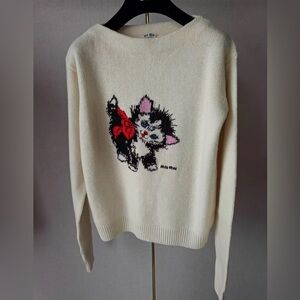 🚩steal Miu Miu Cream Kitten-Graphic Sweater